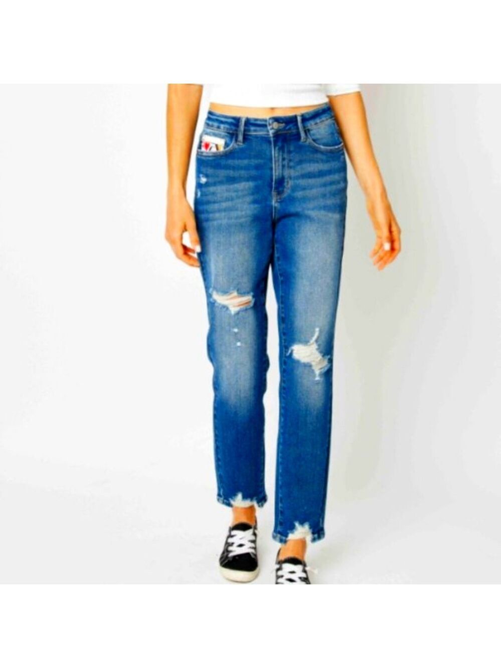 Judy Blue Medium Blue Distressed Boyfriend Jeans - Picture 4 of 5